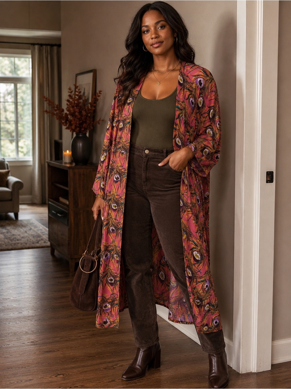 Umgee Sheer Peacock Feather Duster Kimono Boho S/M
